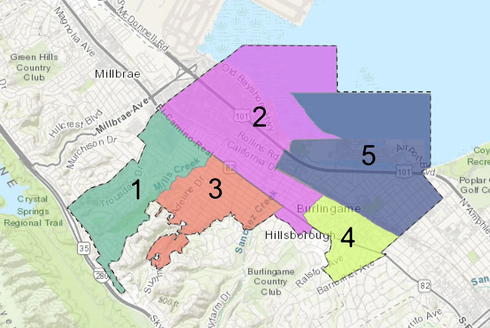 Burlingame City Council districts map, enlarged