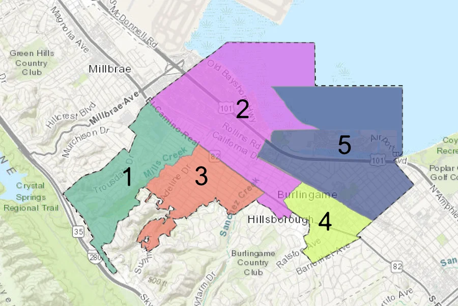Burlingame City Council districts map showing Districts 1 through 5; District 3 is in the center